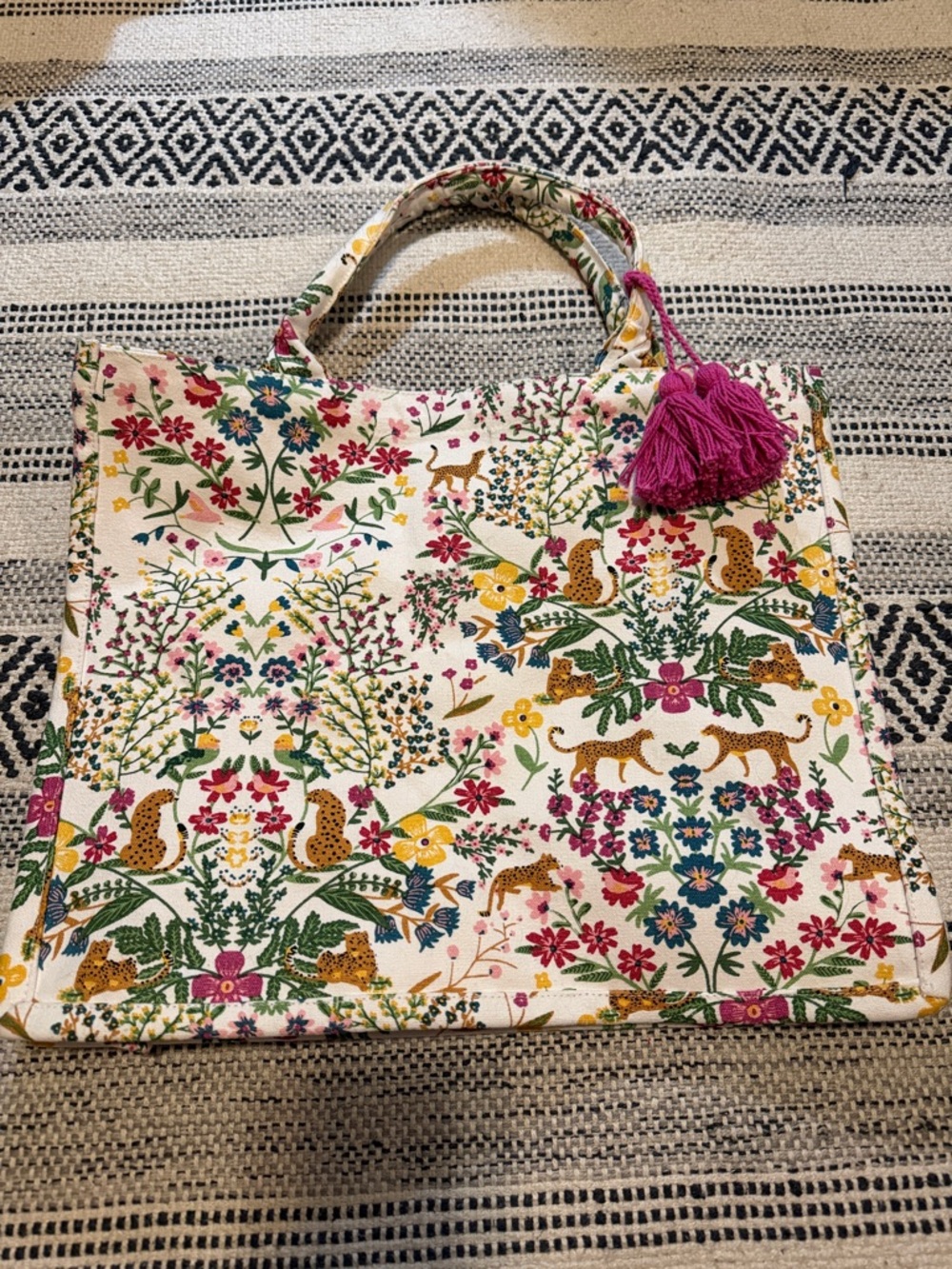 Floral & Leopard Canvas Tote Bag with Pink Tassel
